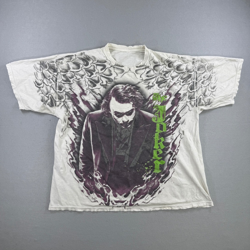 Vintage The Dark Knight Joker T-Shirt Men XL White Heath Ledger AOP Batman DC